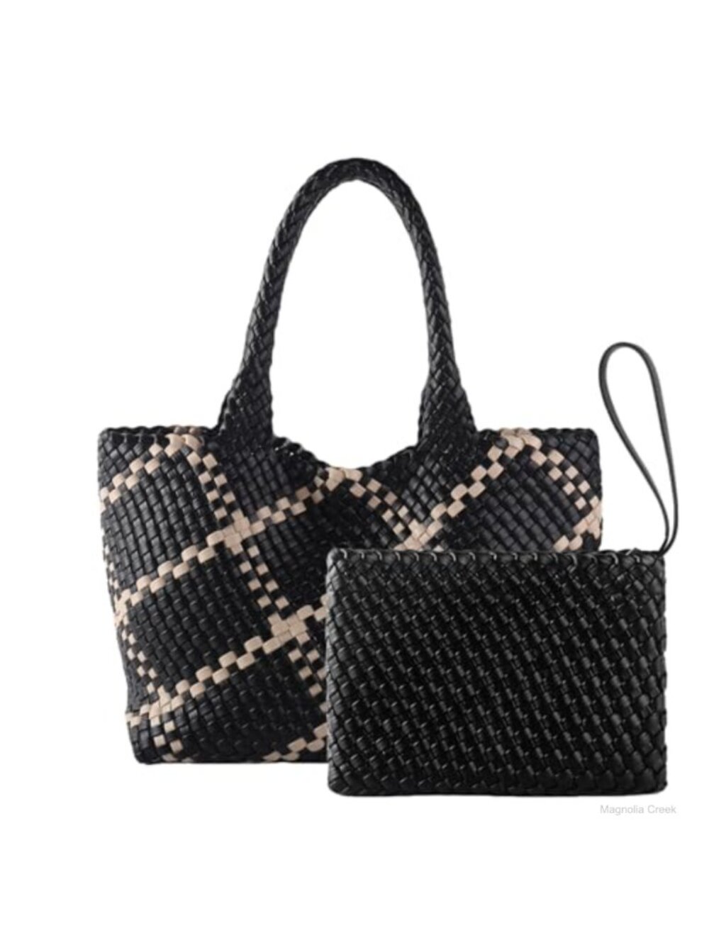 Woven Vegan Leather Tote Bag Magnetic Closure Shoulder Bag with Clutch